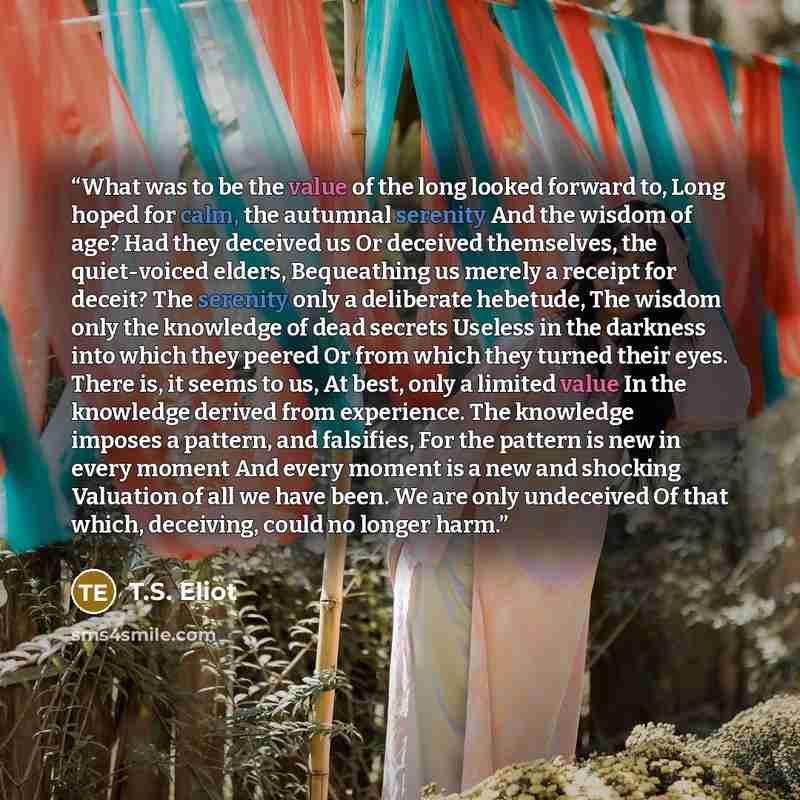 “What was to be the value of the long looked forward to, Long hoped for calm, the autumnal serenity And the wisdom of age? Had they deceived us Or deceived themselves, the quiet-voiced elders, Bequeathing us merely a receipt for deceit? The serenity only a deliberate hebetude, The wisdom only the…” quote by T.S. Eliot