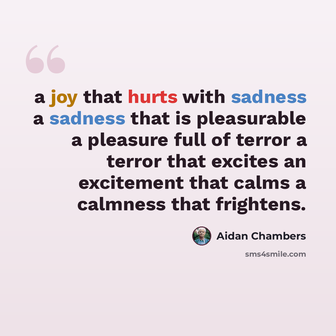 “a joy that hurts with sadness a sadness that is pleasurable a pleasure full of terror a terror that excites an excitement that calms a calmness that frightens.” quote by Aidan Chambers