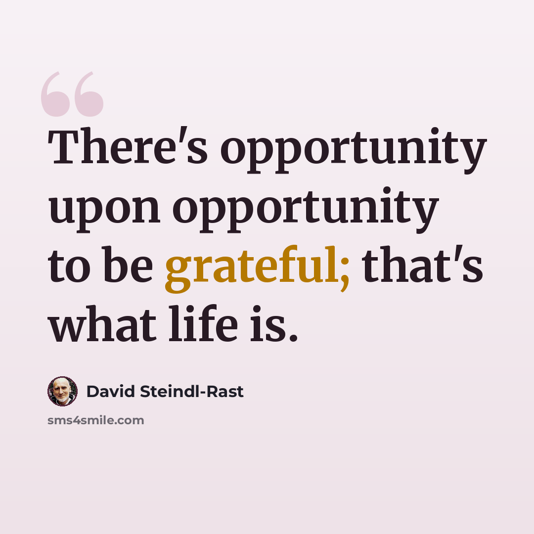 “There's opportunity upon opportunity to be grateful; that's what life is.” quote by David Steindl-Rast