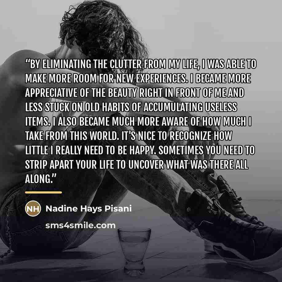 “By eliminating the clutter from my life, I was able to make more room for new experiences. I became more appreciative of the beauty right in front of me and less stuck on old habits of accumulating useless items. I also became much more aware of how much I take from this world. It's nice to…” quote by Nadine Hays Pisani