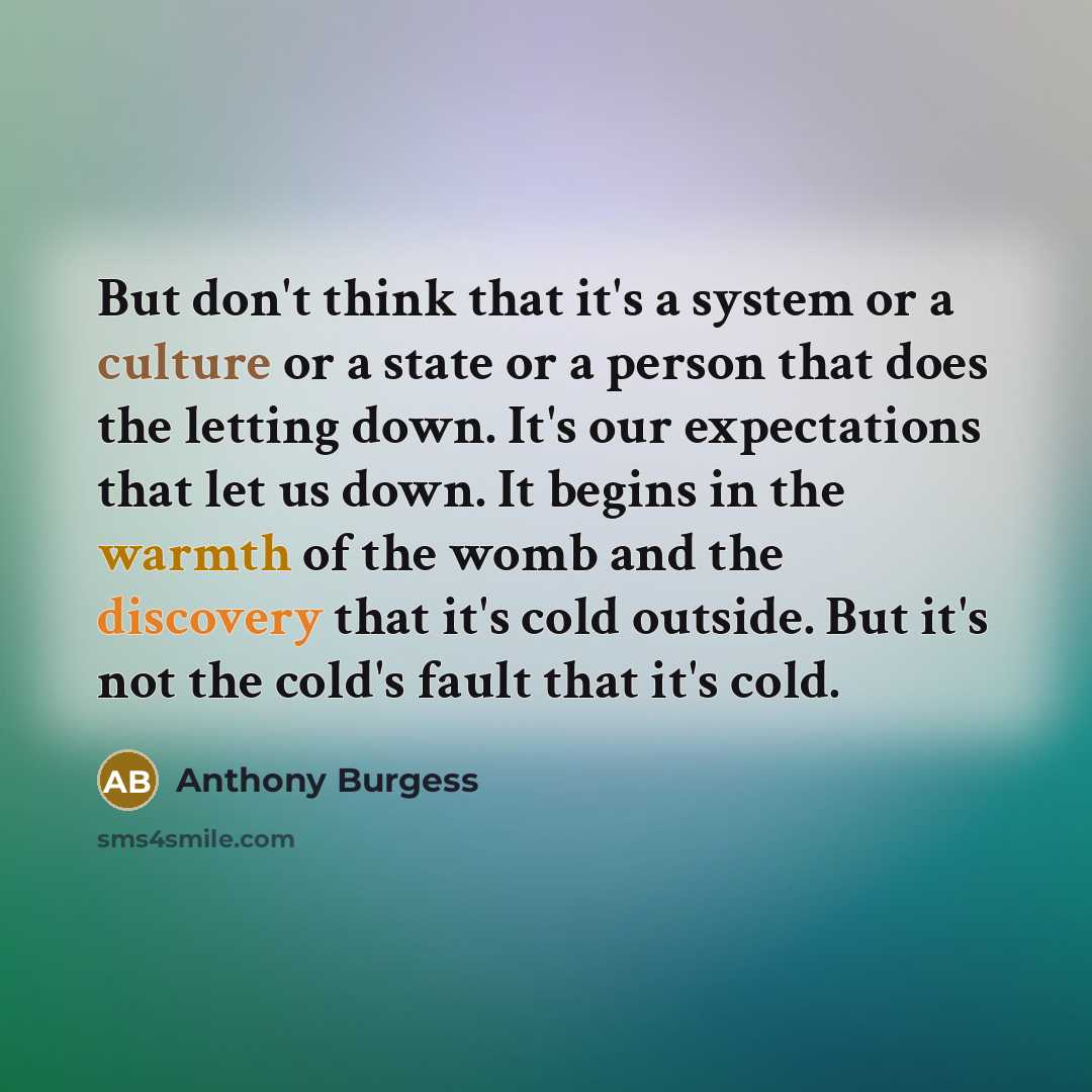 “But don't think that it's a system or a culture or a state or a person that does the letting down. It's our expectations that let us down. It begins in the warmth of the womb and the discovery that it's cold outside. But it's not the cold's fault that it's cold.” quote by Anthony Burgess