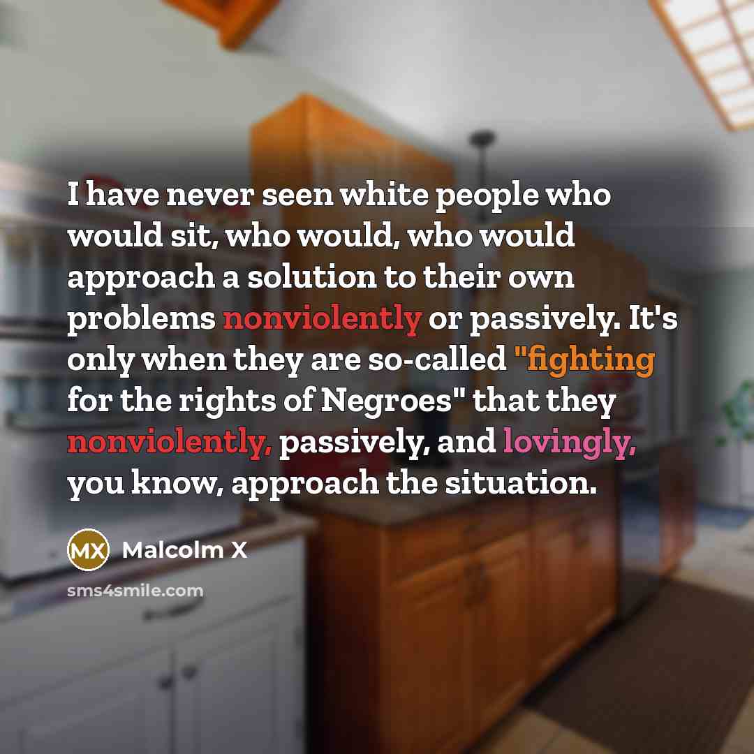 “I have never seen white people who would sit, who would, who would approach a solution to their own problems nonviolently or passively. It's only when they are so-called "fighting for the rights of Negroes" that they nonviolently, passively, and lovingly, you know, approach the situation.” quote by Malcolm X