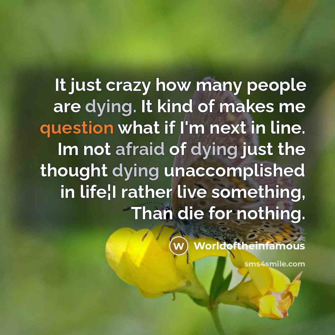 “It just crazy how many people are dying. It kind of makes me question what if I'm next in line. Im not afraid of dying just the thought dying unaccomplished in life¦I rather live something, Than die for nothing.” quote by Worldoftheinfamous