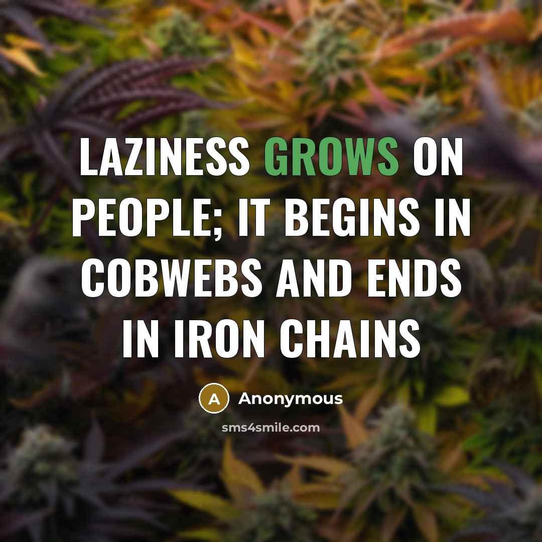 “Laziness grows on people; it begins in cobwebs and ends in iron chains” quote by Anonymous