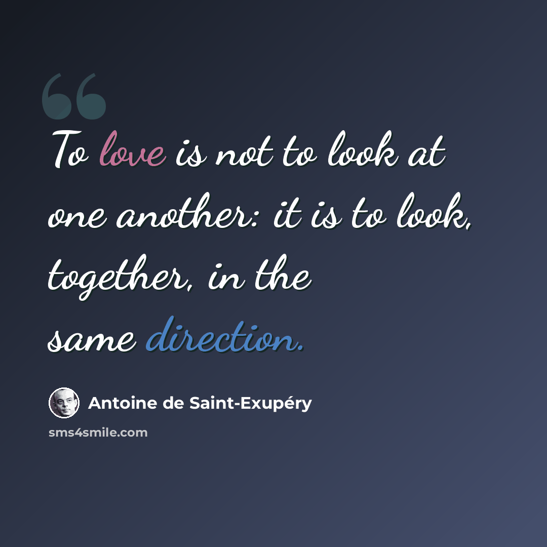 “To love is not to look at one another: it is to look, together, in the same direction.” quote by Antoine de Saint-Exupery