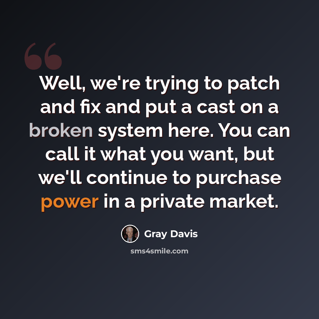 “Well, we're trying to patch and fix and put a cast on a broken system here. You can call it what you want, but we'll continue to purchase power in a private market.” quote by Gray Davis
