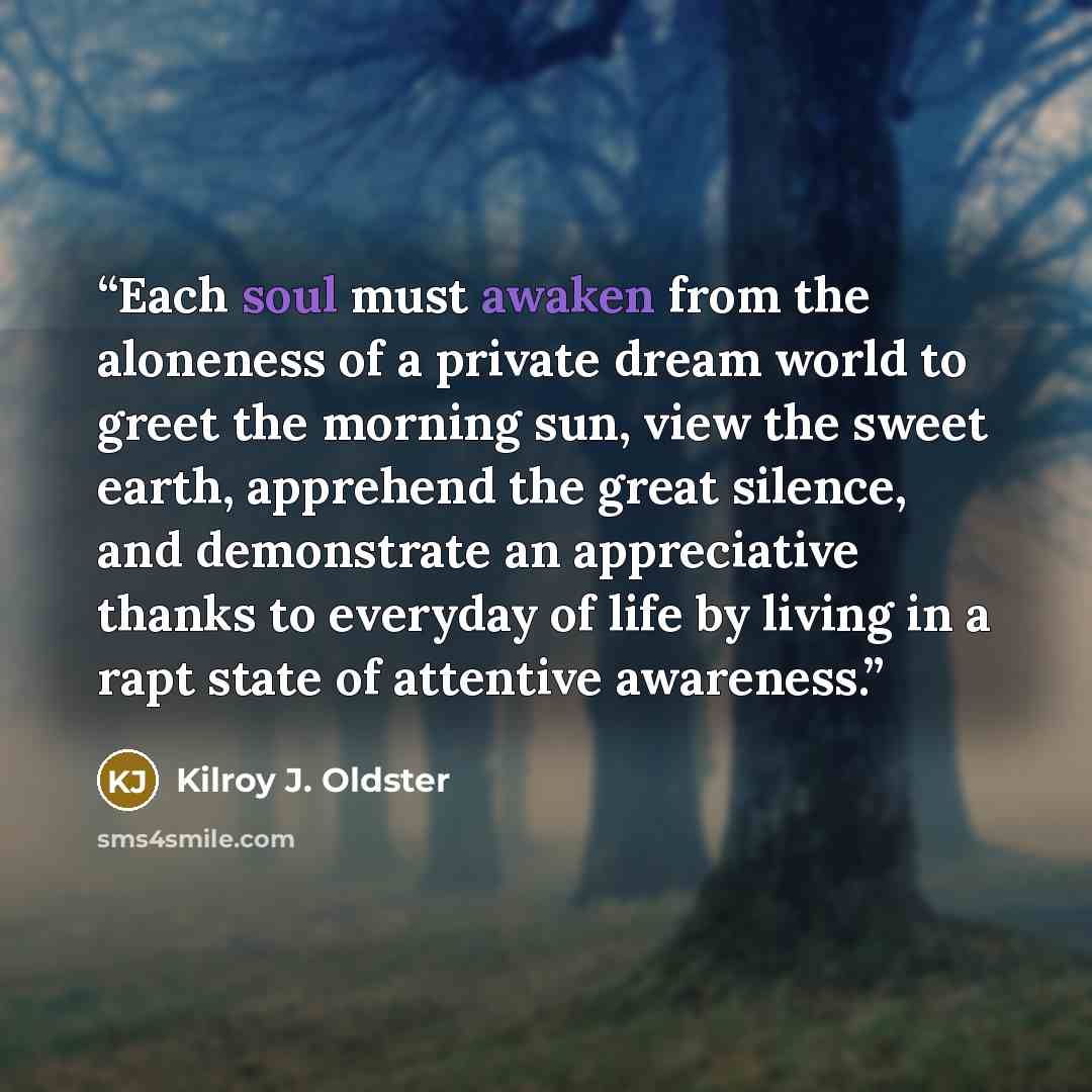 “Each soul must awaken from the aloneness of a private dream world to greet the morning sun, view the sweet earth, apprehend the great silence, and demonstrate an appreciative thanks to everyday of life by living in a rapt state of attentive awareness.” quote by Kilroy J. Oldster