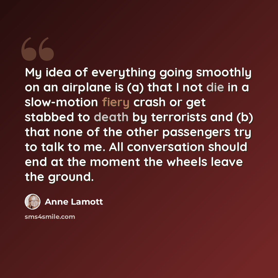 “My idea of everything going smoothly on an airplane is (a) that I not die in a slow-motion fiery crash or get stabbed to death by terrorists and (b) that none of the other passengers try to talk to me. All conversation should end at the moment the wheels leave the ground.” quote by Anne Lamott