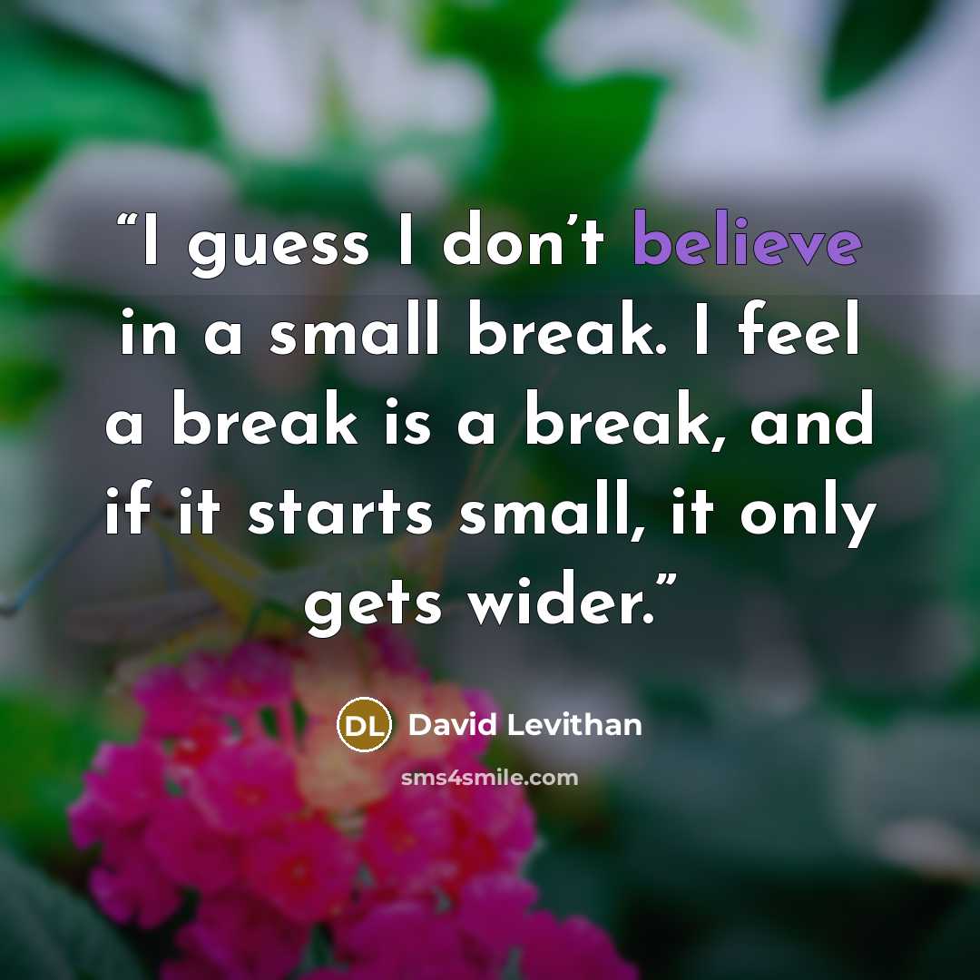 “I guess I don’t believe in a small break. I feel a break is a break, and if it starts small, it only gets wider.” quote by David Levithan