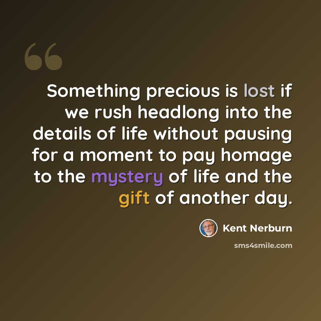 “Something precious is lost if we rush headlong into the details of life without pausing for a moment to pay homage to the mystery of life and the gift of another day.” quote by Kent Nerburn