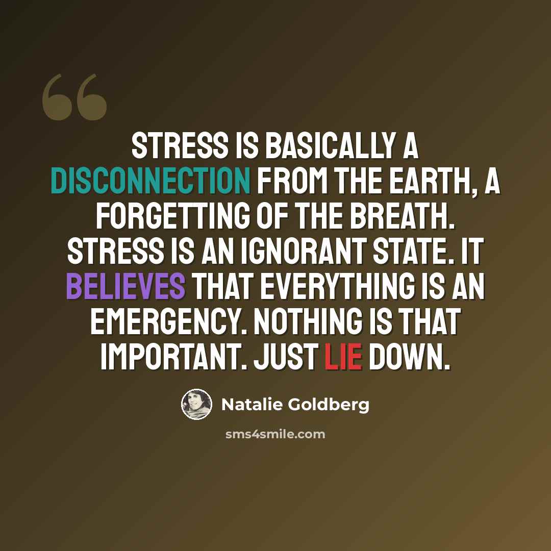 “Stress is basically a disconnection from the earth, a forgetting of the breath. Stress is an ignorant state. It believes that everything is an emergency. Nothing is that important. Just lie down.” quote by Natalie Goldberg