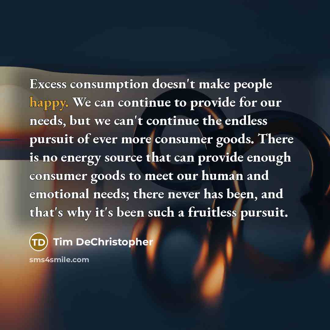 “Excess consumption doesn't make people happy. We can continue to provide for our needs, but we can't continue the endless pursuit of ever more consumer goods. There is no energy source that can provide enough consumer goods to meet our human and emotional needs; there never has been, and that's…” quote by Tim DeChristopher