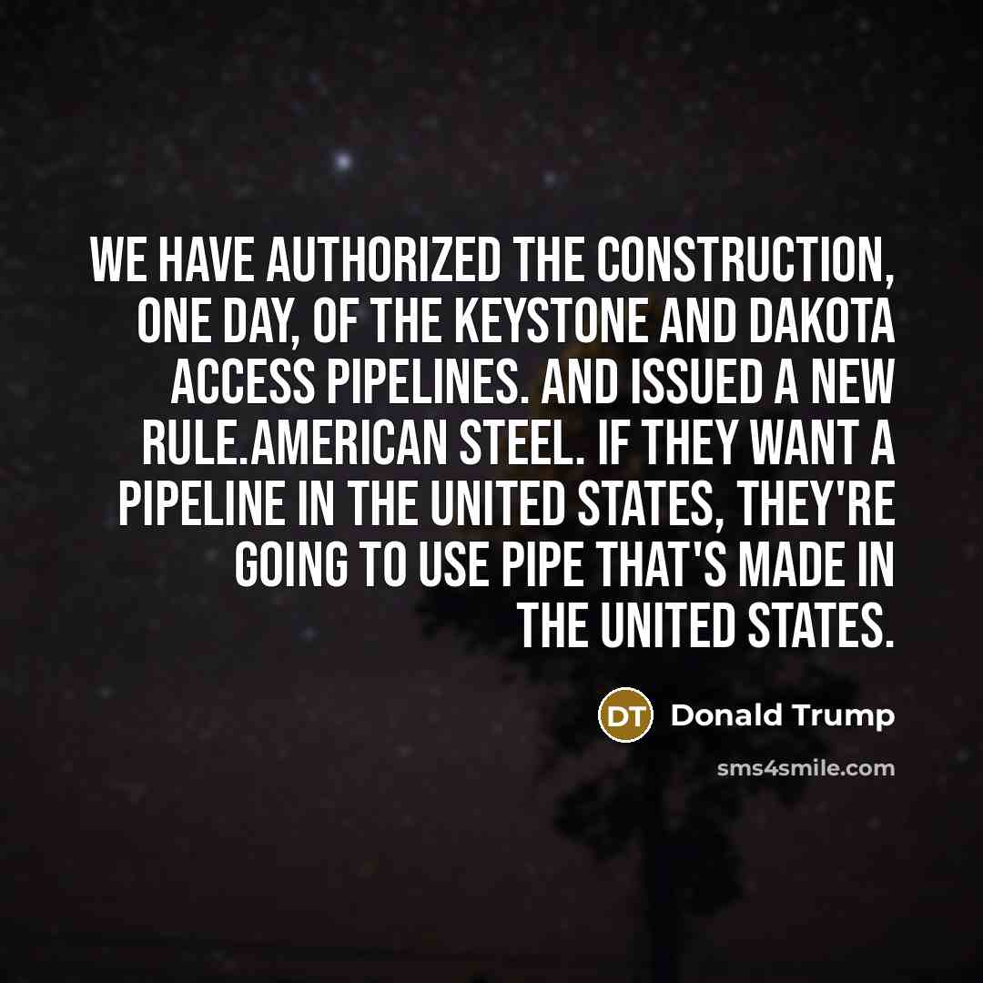 “We have authorized the construction, one day, of the Keystone and Dakota Access pipelines. And issued a new rule.American steel. If they want a pipeline in the United States, they're going to use pipe that's made in the United States.” quote by Donald Trump