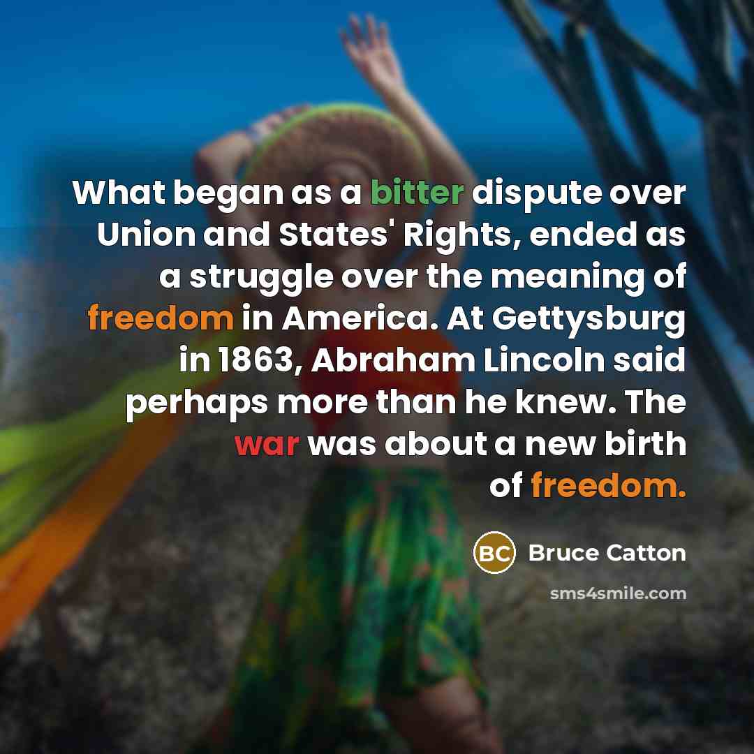 “What began as a bitter dispute over Union and States' Rights, ended as a struggle over the meaning of freedom in America. At Gettysburg in 1863, Abraham Lincoln said perhaps more than he knew. The war was about a new birth of freedom.” quote by Bruce Catton