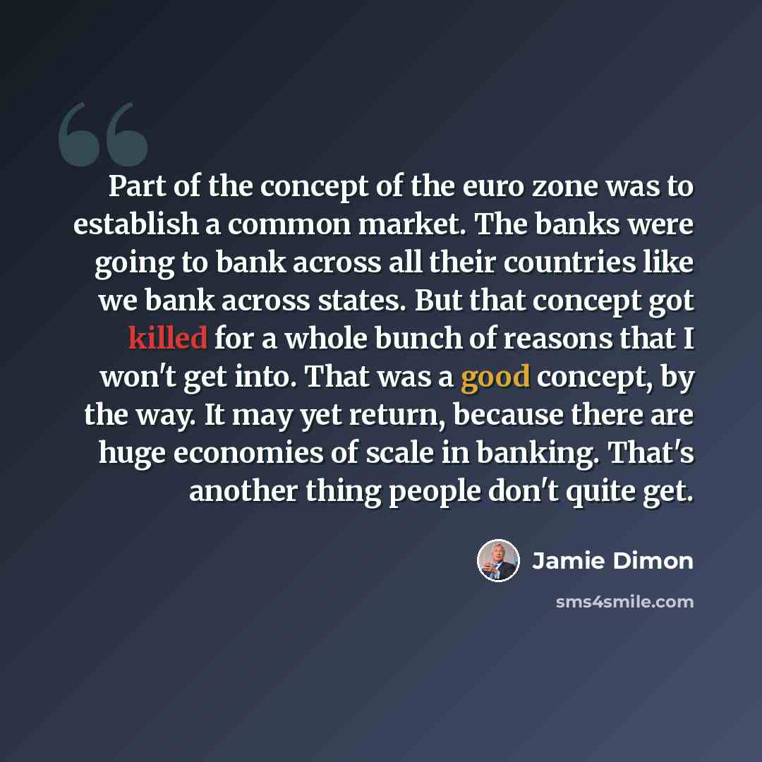 “Part of the concept of the euro zone was to establish a common market. The banks were going to bank across all their countries like we bank across states. But that concept got killed for a whole bunch of reasons that I won't get into. That was a good concept, by the way. It may yet return, because…” quote by Jamie Dimon
