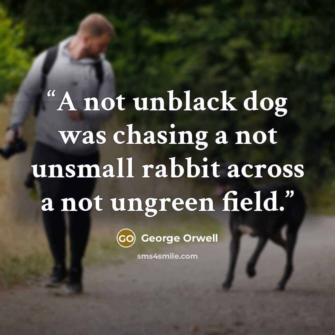“A not unblack dog was chasing a not unsmall rabbit across a not ungreen field.” quote by George Orwell