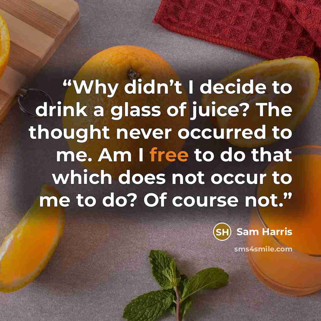 “Why didn’t I decide to drink a glass of juice? The thought never occurred to me. Am I free to do that which does not occur to me to do? Of course not.” quote by Sam Harris