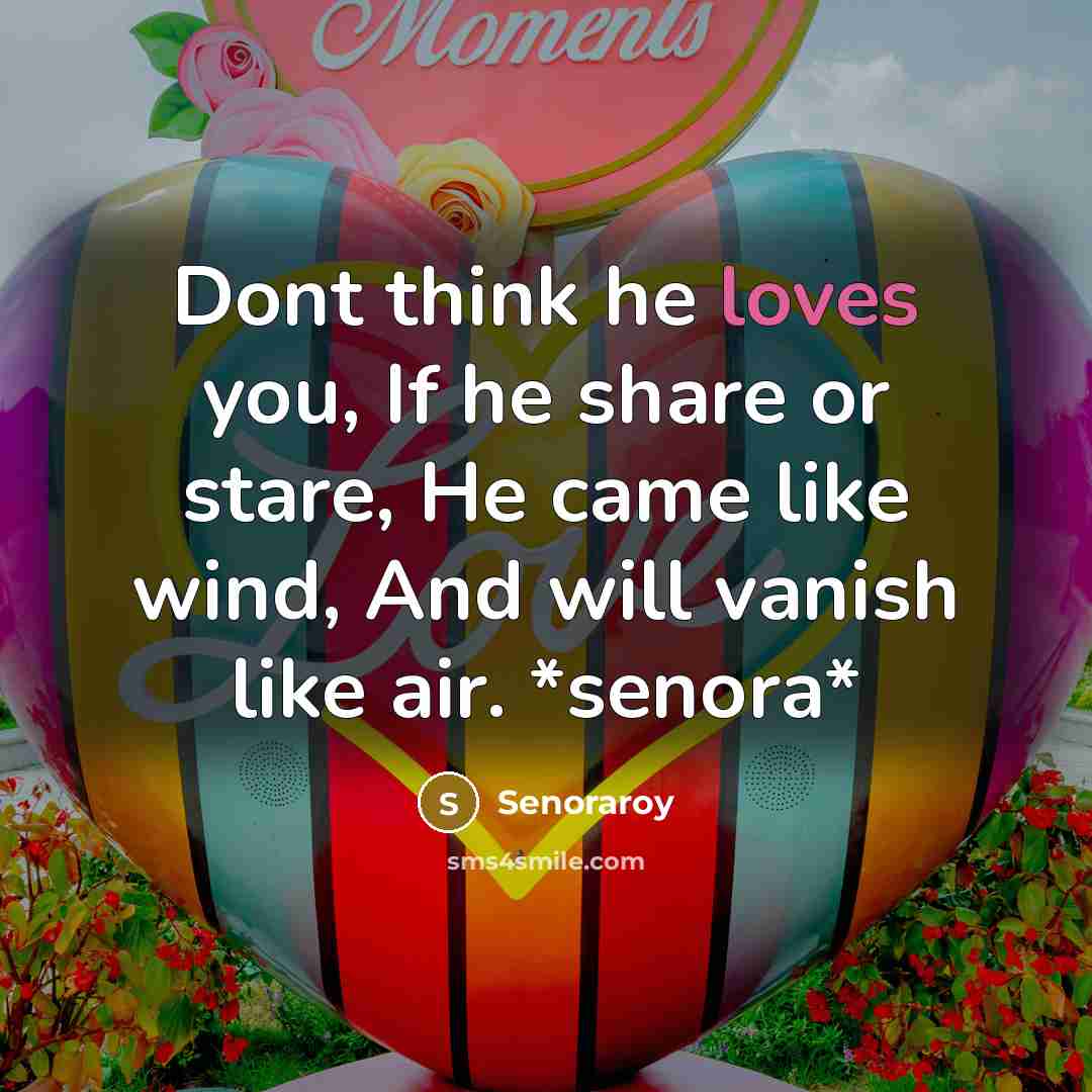 “Dont think he loves you, If he share or stare, He came like wind, And will vanish like air. *senora*” quote by Senoraroy