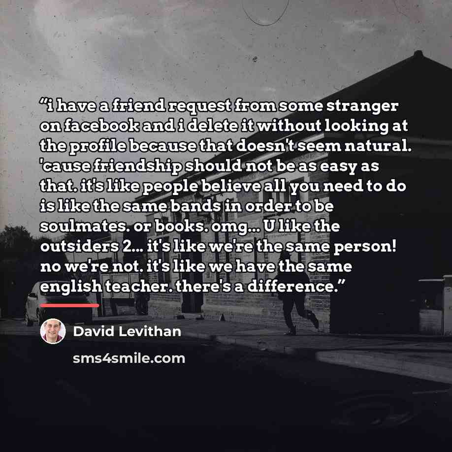 “i have a friend request from some stranger on facebook and i delete it without looking at the profile because that doesn't seem natural. 'cause friendship should not be as easy as that. it's like people believe all you need to do is like the same bands in order to be soulmates. or books. omg... U…” quote by David Levithan