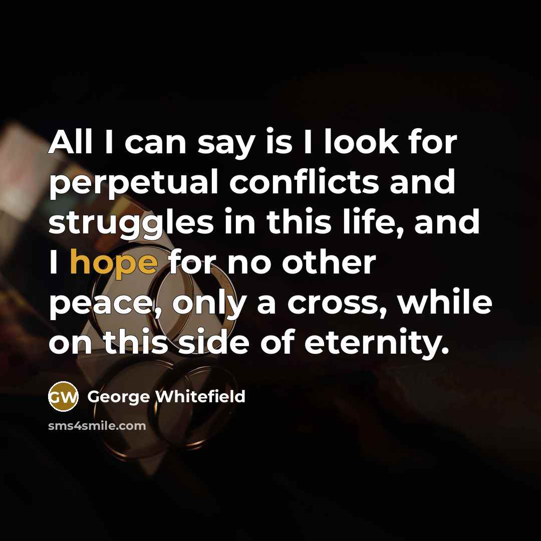“All I can say is I look for perpetual conflicts and struggles in this life, and I hope for no other peace, only a cross, while on this side of eternity.” quote by George Whitefield