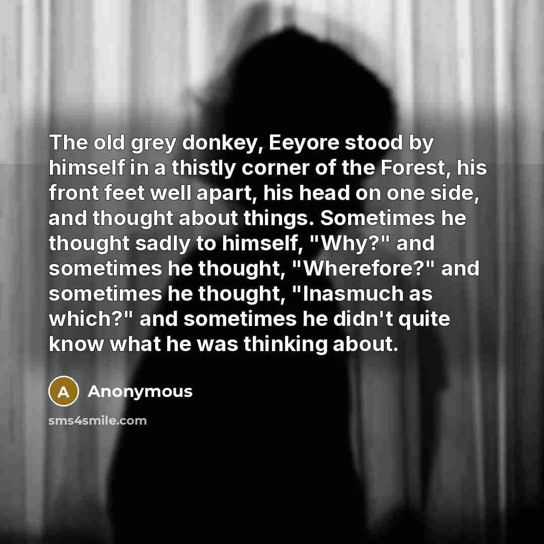 “The old grey donkey, Eeyore stood by himself in a thistly corner of the Forest, his front feet well apart, his head on one side, and thought about things. Sometimes he thought sadly to himself, "Why?" and sometimes he thought, "Wherefore?" and sometimes he thought, "Inasmuch as which?" and…” quote by Anonymous