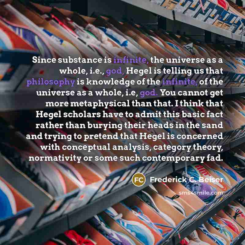 “Since substance is infinite, the universe as a whole, i.e., god, Hegel is telling us that philosophy is knowledge of the infinite, of the universe as a whole, i.e, god. You cannot get more metaphysical than that. I think that Hegel scholars have to admit this basic fact rather than burying their…” quote by Frederick C. Beiser