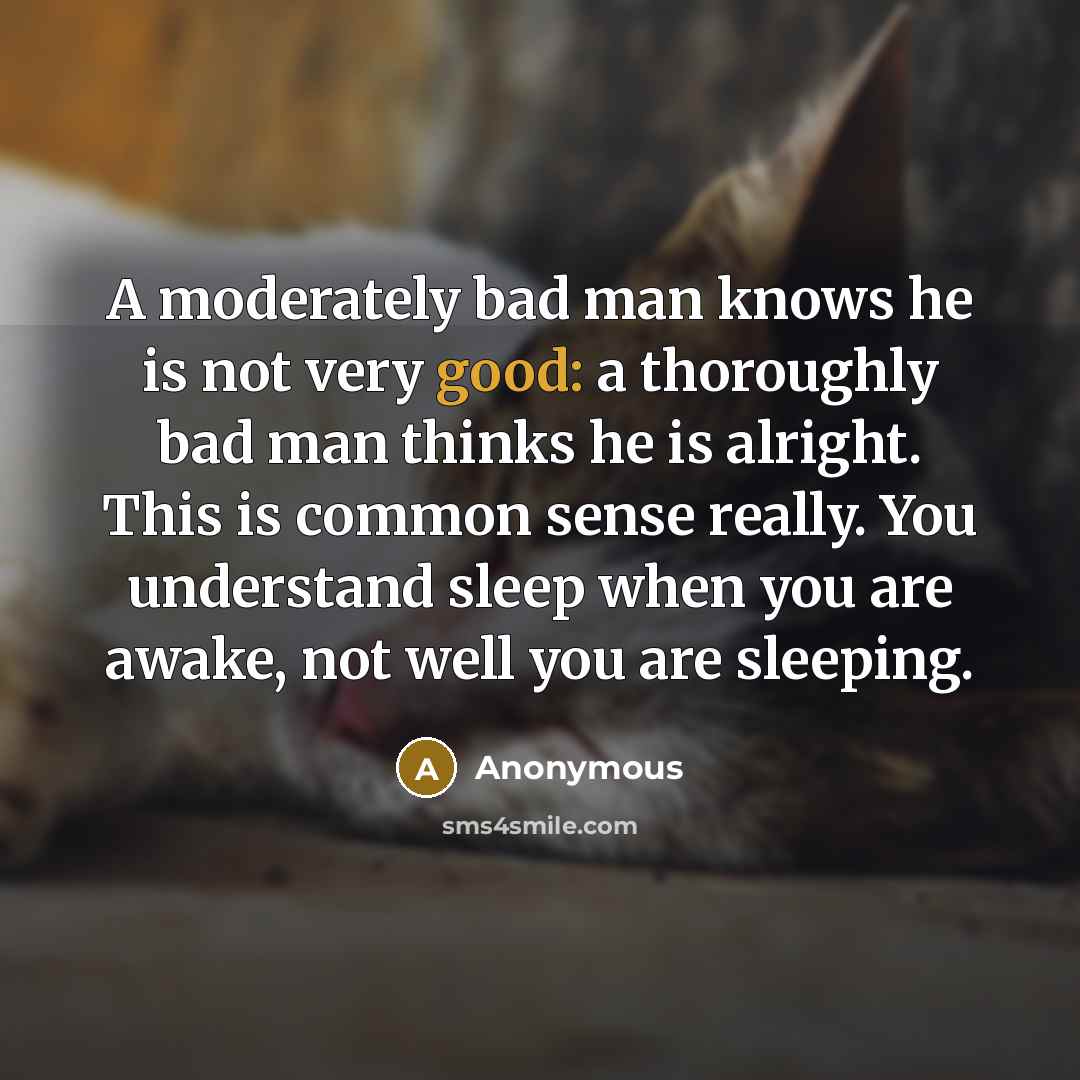 “A moderately bad man knows he is not very good: a thoroughly bad man thinks he is alright. This is common sense really. You understand sleep when you are awake, not well you are sleeping.” quote by Anonymous