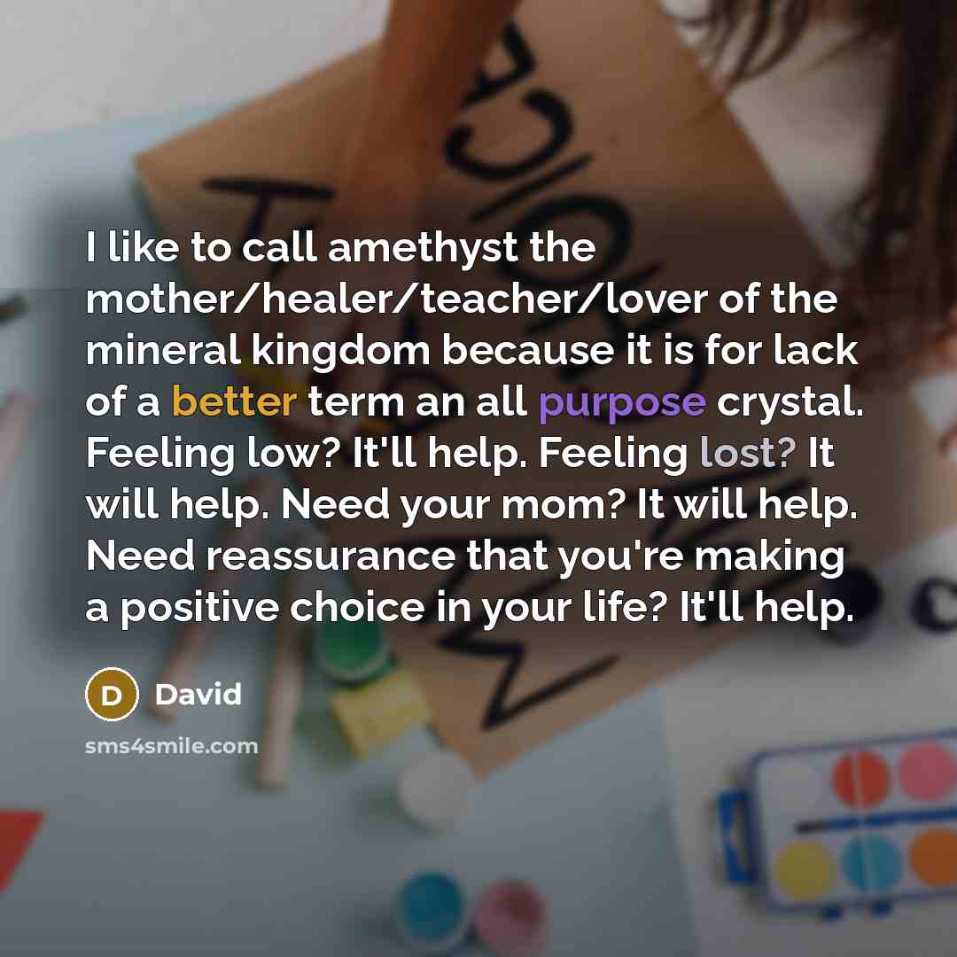 “I like to call amethyst the mother/healer/teacher/lover of the mineral kingdom because it is for lack of a better term an all purpose crystal. Feeling low? It'll help. Feeling lost? It will help. Need your mom? It will help. Need reassurance that you're making a positive choice in your life? It'll…” quote by David