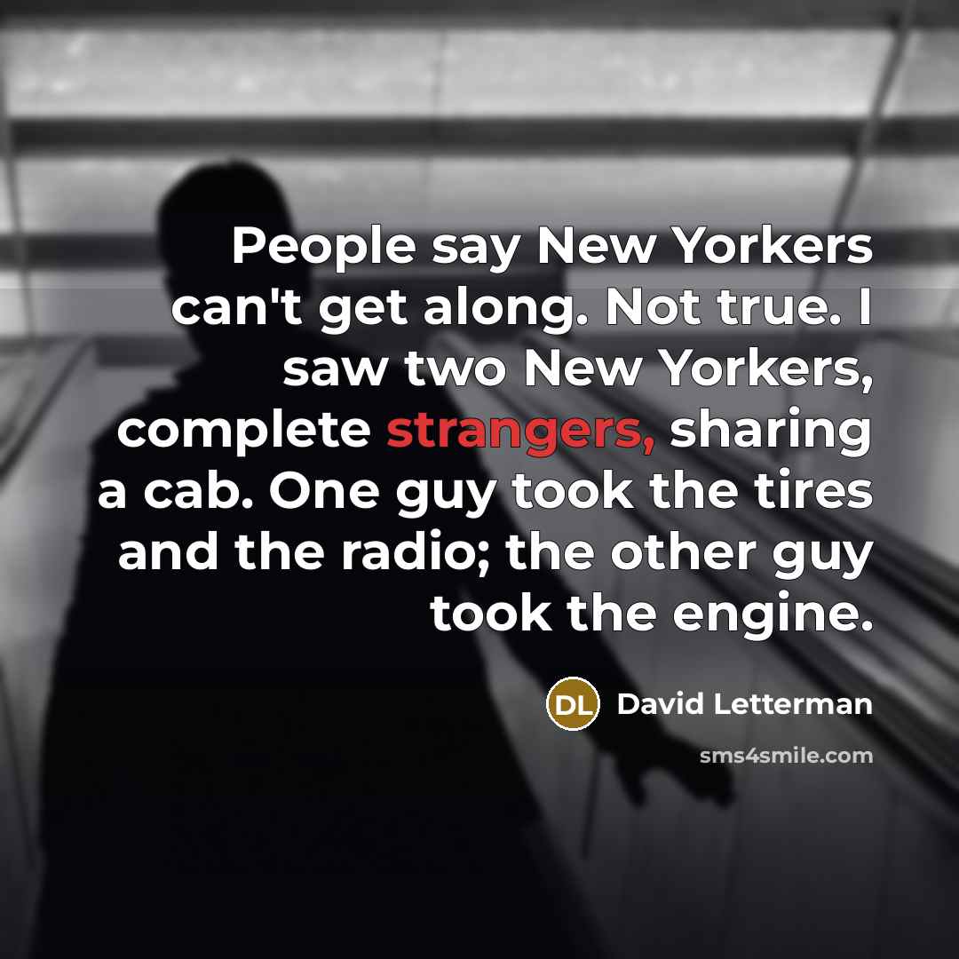 “People say New Yorkers can't get along. Not true. I saw two New Yorkers, complete strangers, sharing a cab. One guy took the tires and the radio; the other guy took the engine.” quote by David Letterman