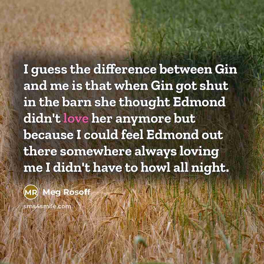 “I guess the difference between Gin and me is that when Gin got shut in the barn she thought Edmond didn't love her anymore but because I could feel Edmond out there somewhere always loving me I didn't have to howl all night.” quote by Meg Rosoff