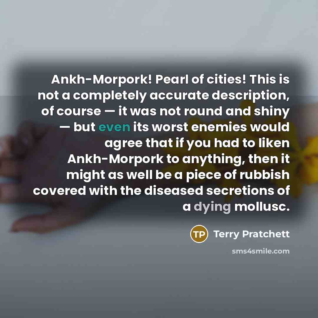 “Ankh-Morpork! Pearl of cities! This is not a completely accurate description, of course — it was not round and shiny — but even its worst enemies would agree that if you had to liken Ankh-Morpork to anything, then it might as well be a piece of rubbish covered with the diseased secretions of a…” quote by Terry Pratchett
