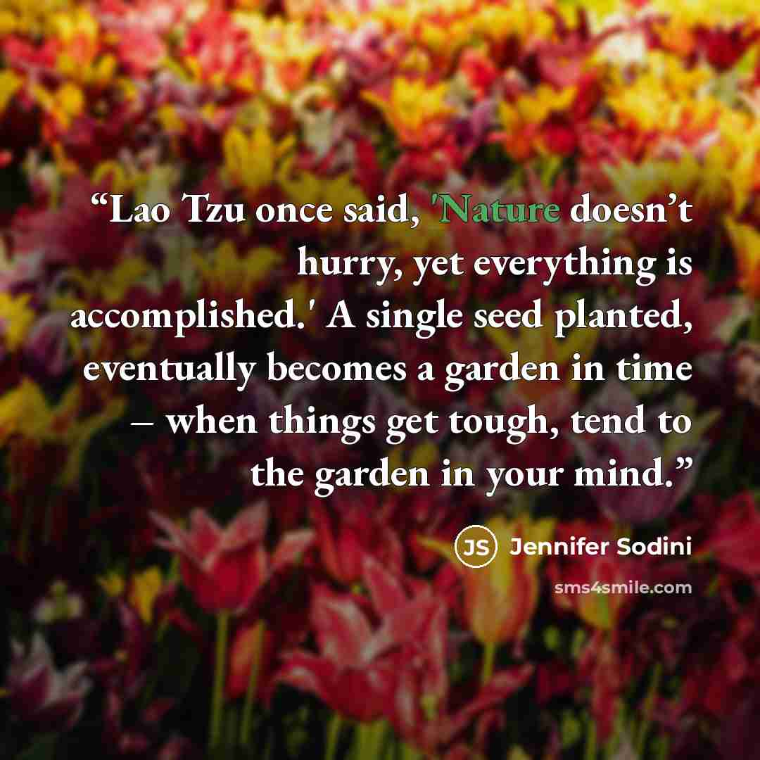 “Lao Tzu once said, 'Nature doesn’t hurry, yet everything is accomplished.' A single seed planted, eventually becomes a garden in time – when things get tough, tend to the garden in your mind.” quote by Jennifer Sodini