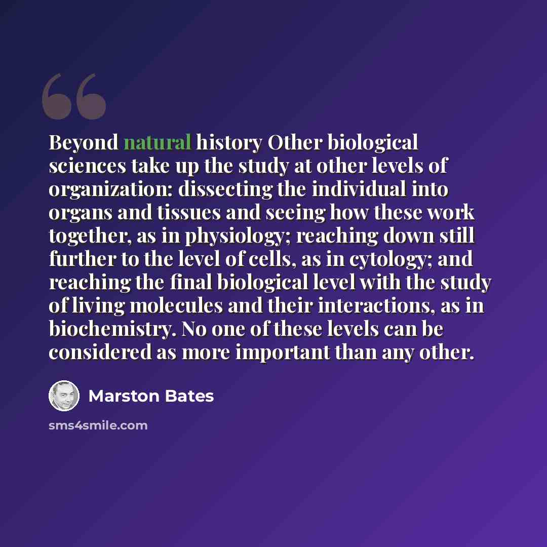 “Beyond natural history Other biological sciences take up the study at other levels of organization: dissecting the individual into organs and tissues and seeing how these work together, as in physiology; reaching down still further to the level of cells, as in cytology; and reaching the final…” quote by Marston Bates