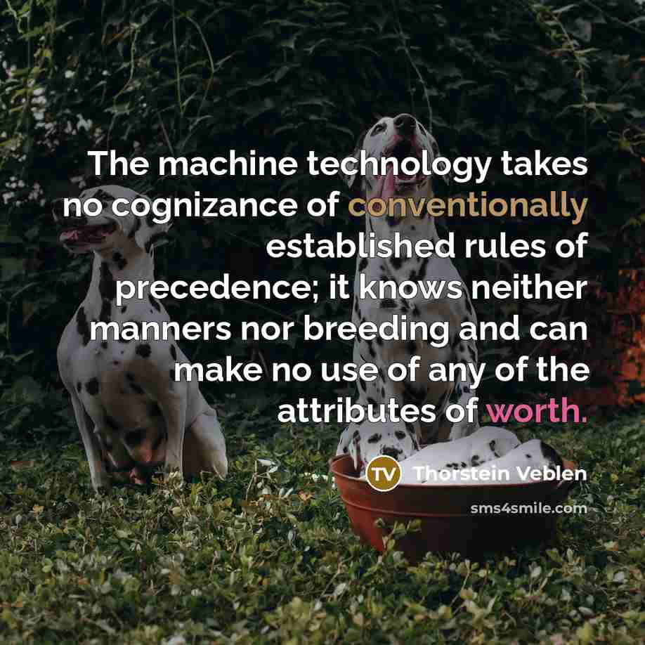 “The machine technology takes no cognizance of conventionally established rules of precedence; it knows neither manners nor breeding and can make no use of any of the attributes of worth.” quote by Thorstein Veblen