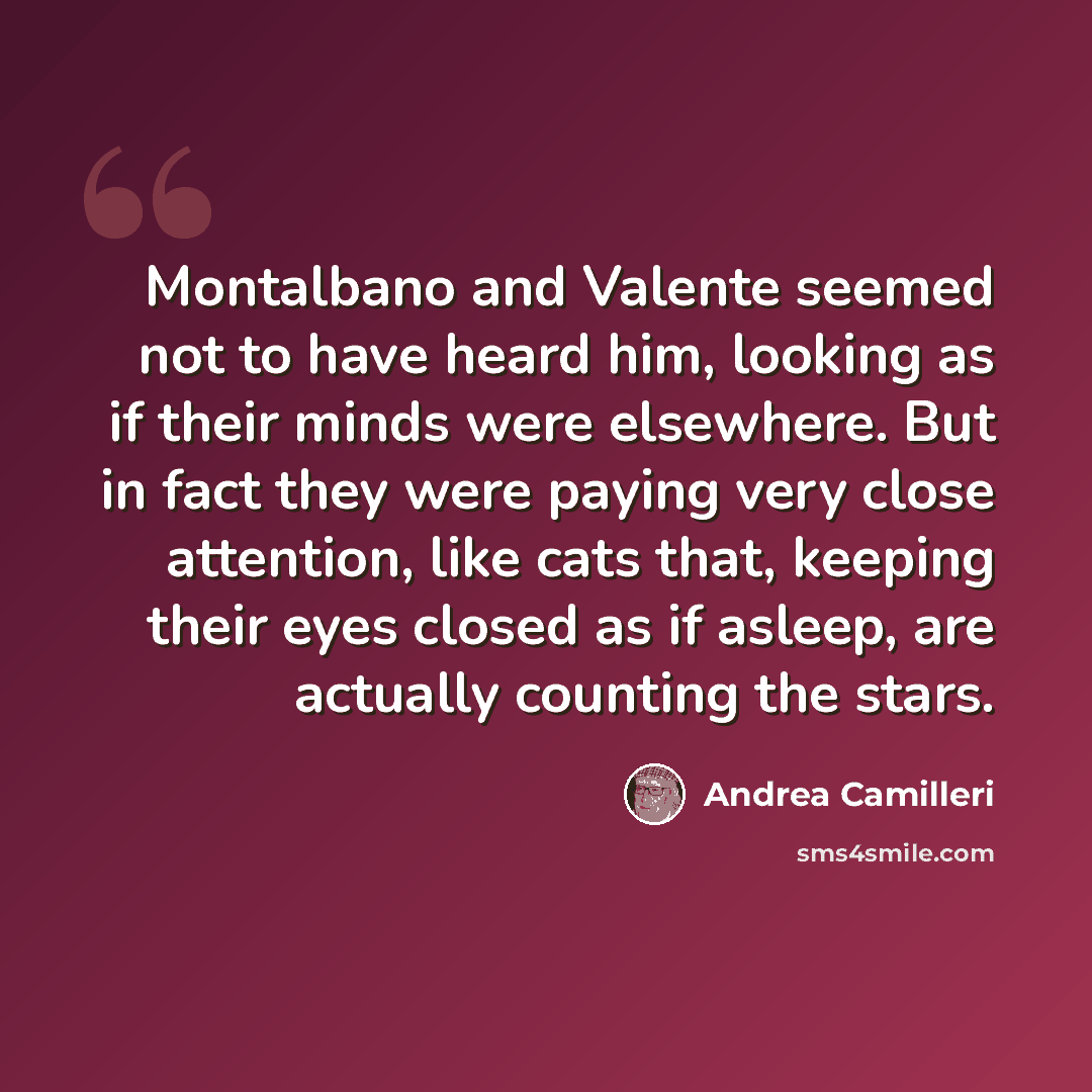 “Montalbano and Valente seemed not to have heard him, looking as if their minds were elsewhere. But in fact they were paying very close attention, like cats that, keeping their eyes closed as if asleep, are actually counting the stars.” quote by Andrea Camilleri