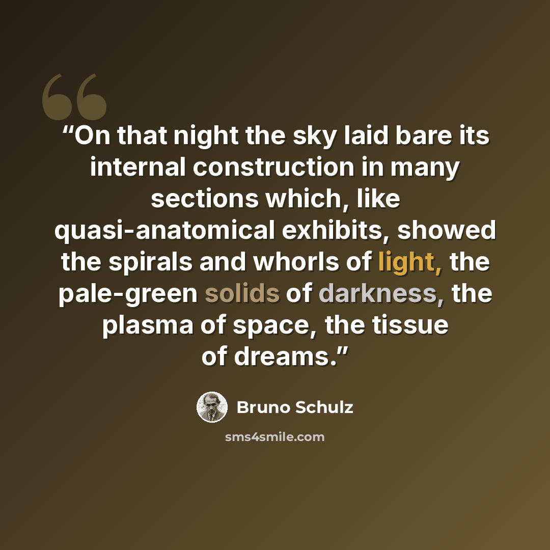 “On that night the sky laid bare its internal construction in many sections which, like quasi-anatomical exhibits, showed the spirals and whorls of light, the pale-green solids of darkness, the plasma of space, the tissue of dreams.” quote by Bruno Schulz