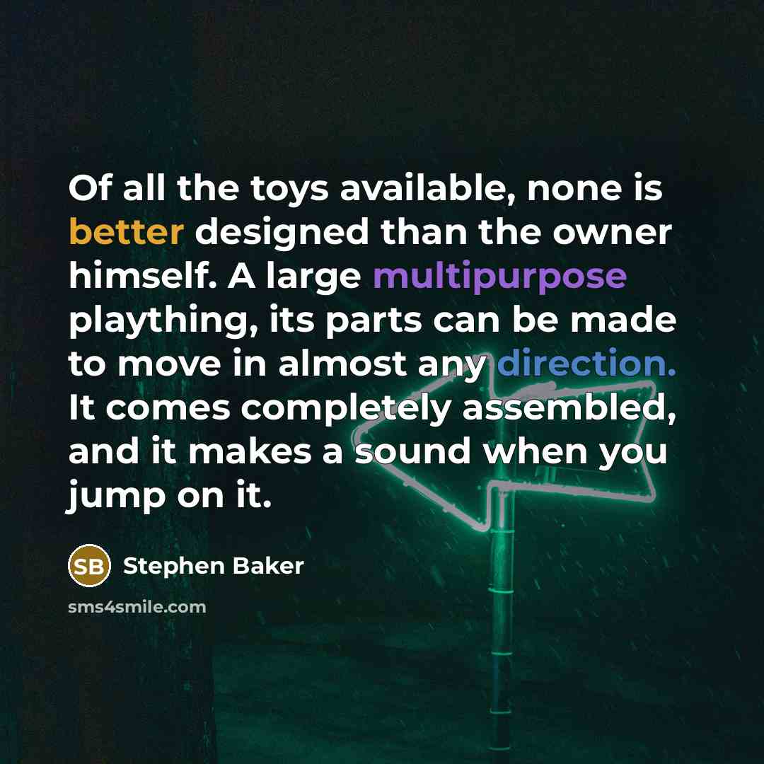 “Of all the toys available, none is better designed than the owner himself. A large multipurpose plaything, its parts can be made to move in almost any direction. It comes completely assembled, and it makes a sound when you jump on it.” quote by Stephen Baker