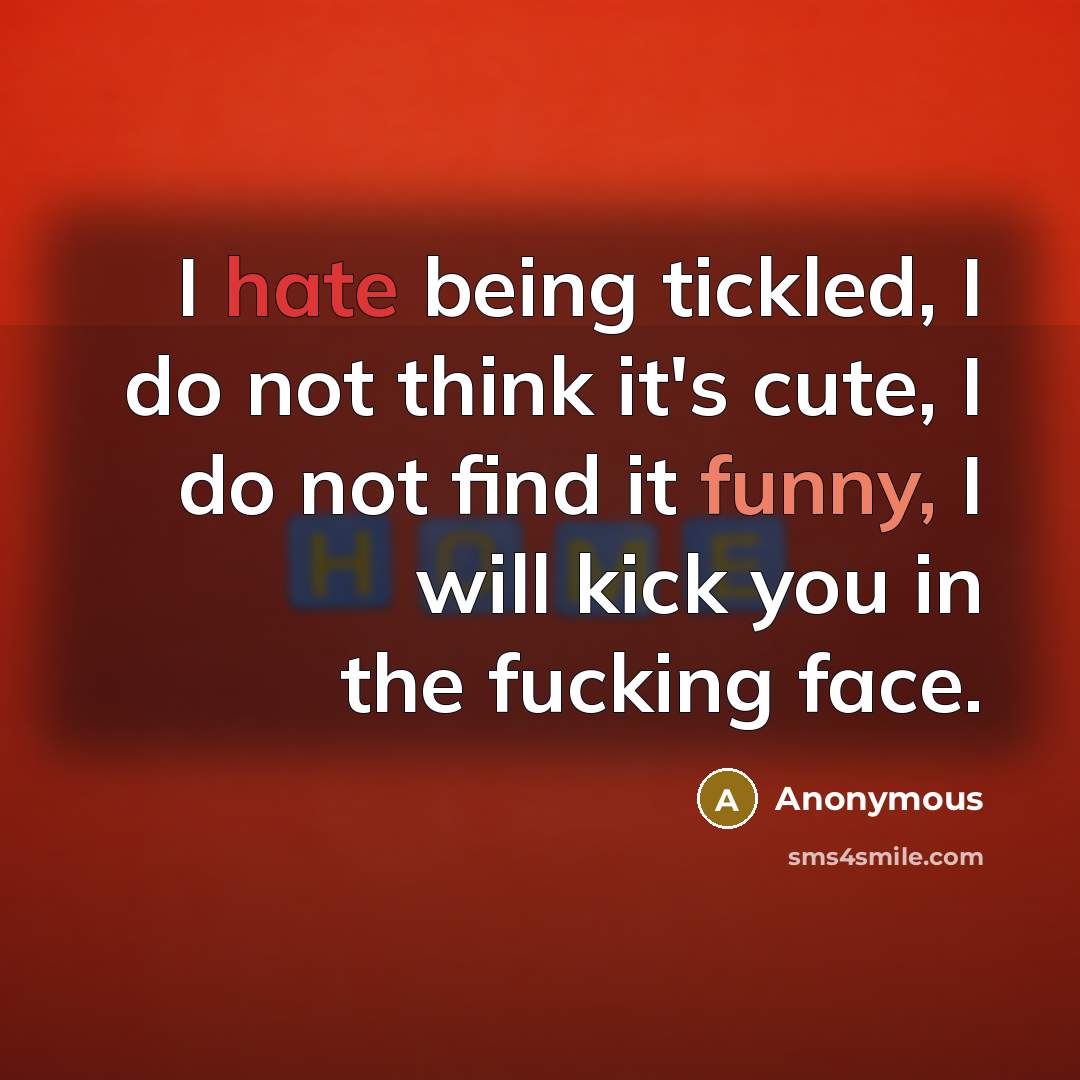 “I hate being tickled, I do not think it's cute, I do not find it funny, I will kick you in the fucking face.” quote by Anonymous