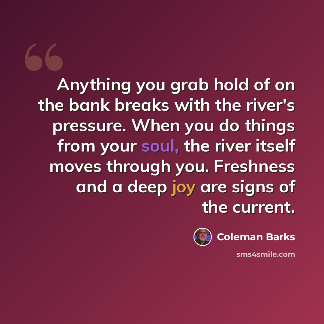 “Anything you grab hold of on the bank breaks with the river's pressure. When you do things from your soul, the river itself moves through you. Freshness and a deep joy are signs of the current.” quote by Coleman Barks