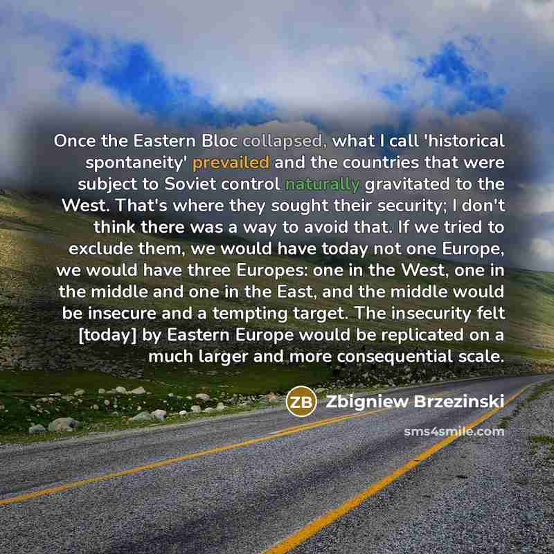 “Once the Eastern Bloc collapsed, what I call 'historical spontaneity' prevailed and the countries that were subject to Soviet control naturally gravitated to the West. That's where they sought their security; I don't think there was a way to avoid that. If we tried to exclude them, we would have…” quote by Zbigniew Brzezinski