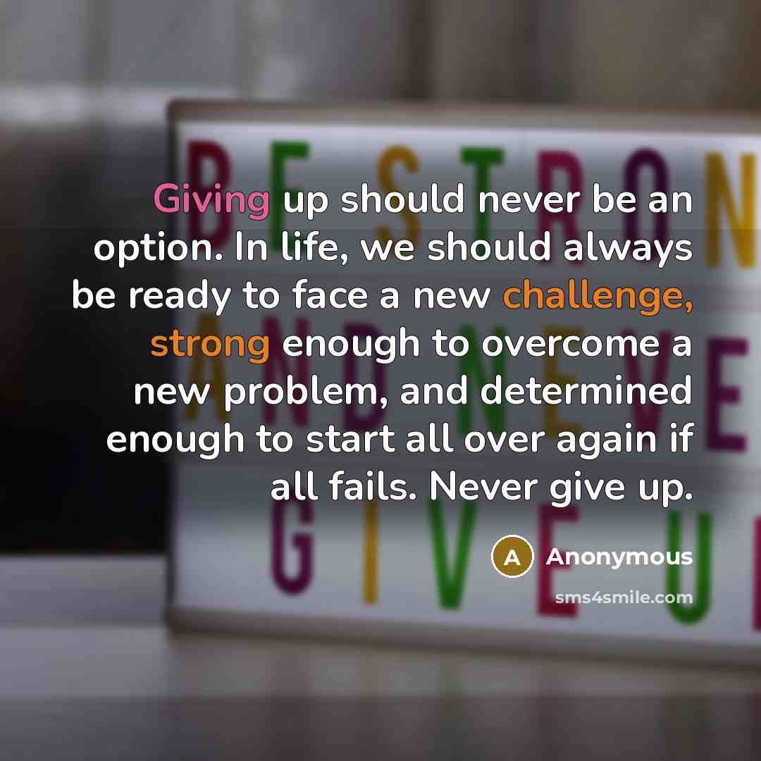“Giving up should never be an option. In life, we should always be ready to face a new challenge, strong enough to overcome a new problem, and determined enough to start all over again if all fails. Never give up.” quote by Anonymous