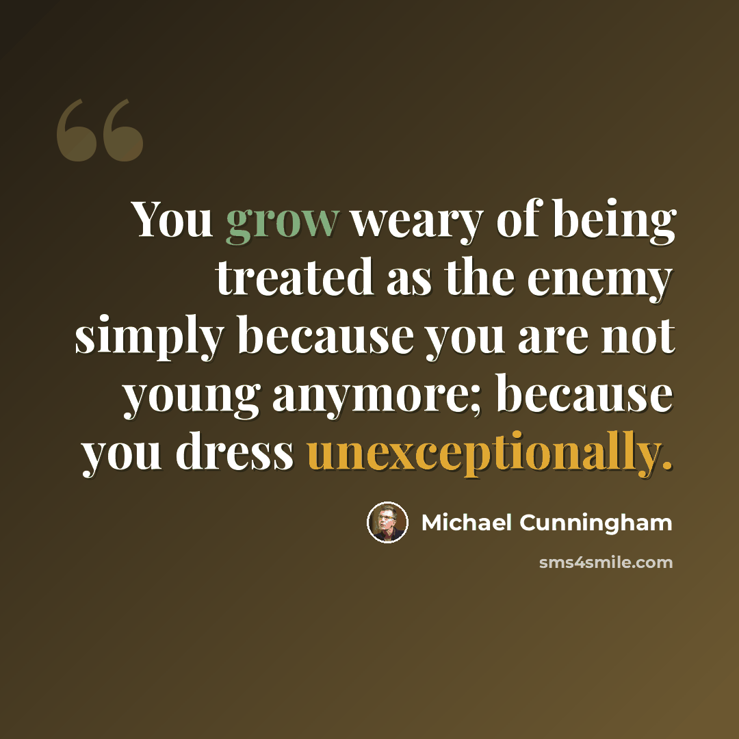 “You grow weary of being treated as the enemy simply because you are not young anymore; because you dress unexceptionally.” quote by Michael Cunningham