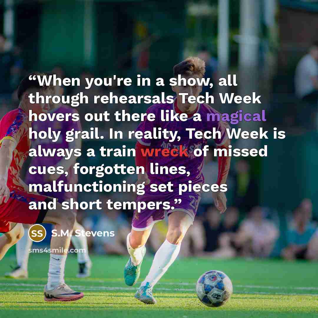 “When you're in a show, all through rehearsals Tech Week hovers out there like a magical holy grail. In reality, Tech Week is always a train wreck of missed cues, forgotten lines, malfunctioning set pieces and short tempers.” quote by S.M. Stevens