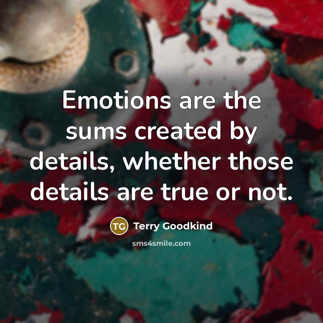 “Emotions are the sums created by details, whether those details are true or not.” quote by Terry Goodkind