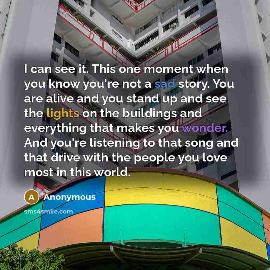 “I can see it. This one moment when you know you're not a sad story. You are alive and you stand up and see the lights on the buildings and everything that makes you wonder. And you're listening to that song and that drive with the people you love most in this world.” quote by Anonymous