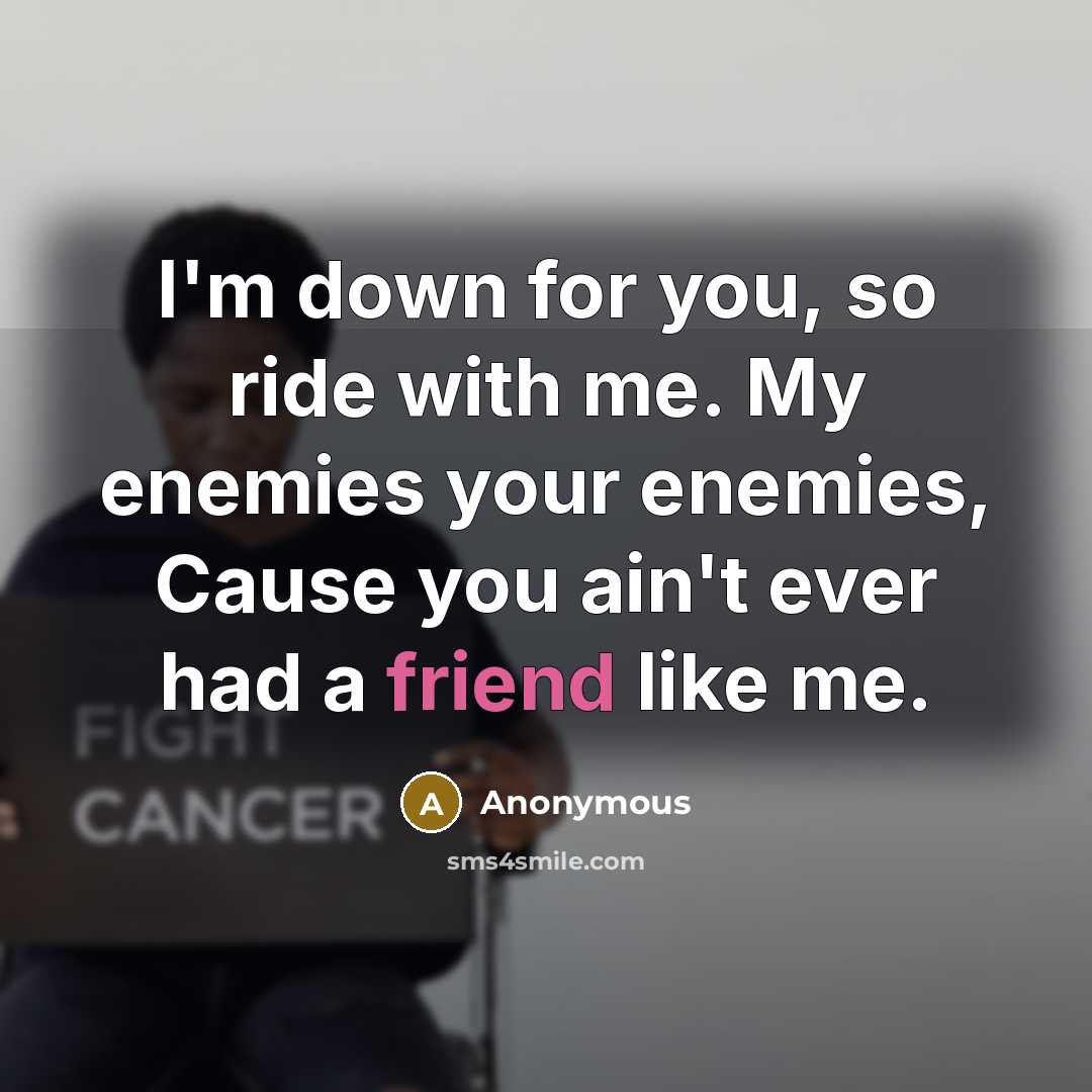 “I'm down for you, so ride with me. My enemies your enemies, Cause you ain't ever had a friend like me.” quote by Anonymous