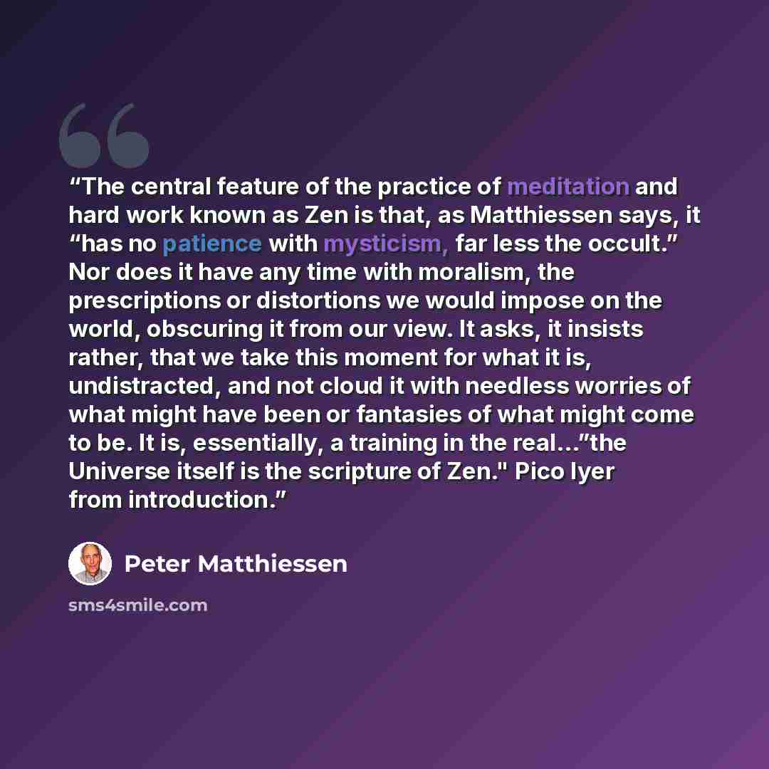“The central feature of the practice of meditation and hard work known as Zen is that, as Matthiessen says, it “has no patience with mysticism, far less the occult.” Nor does it have any time with moralism, the prescriptions or distortions we would impose on the world, obscuring it from our view…” quote by Peter Matthiessen