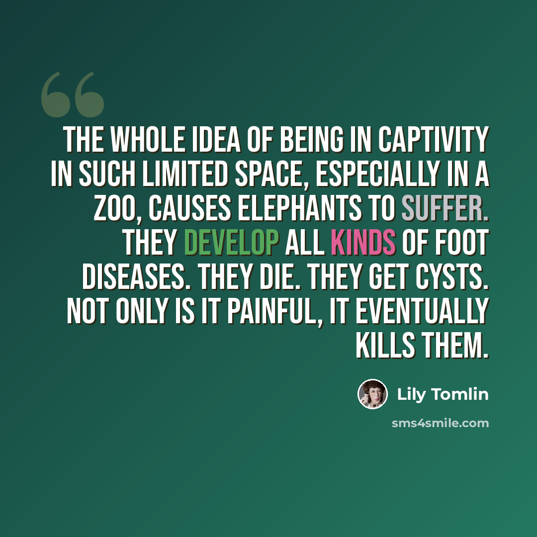 “The whole idea of being in captivity in such limited space, especially in a zoo, causes elephants to suffer. They develop all kinds of foot diseases. They die. They get cysts. Not only is it painful, it eventually kills them.” quote by Lily Tomlin