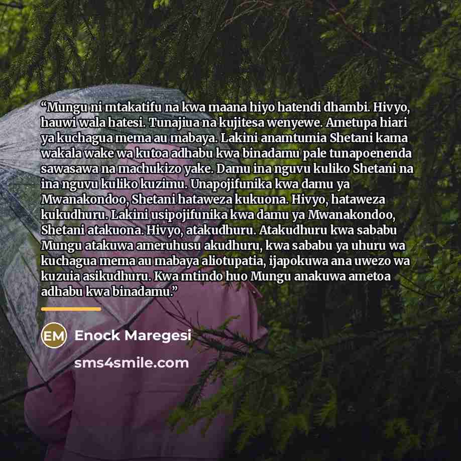 “Mungu ni mtakatifu na kwa maana hiyo hatendi dhambi. Hivyo, hauwi wala hatesi. Tunajiua na kujitesa wenyewe. Ametupa hiari ya kuchagua mema au mabaya. Lakini anamtumia Shetani kama wakala wake wa kutoa adhabu kwa binadamu pale tunapoenenda sawasawa na machukizo yake. Damu ina nguvu kuliko Shetani…” quote by Enock Maregesi