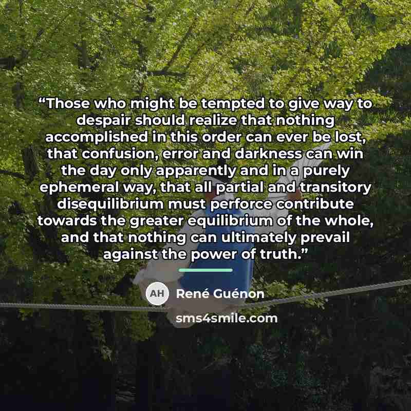 “Those who might be tempted to give way to despair should realize that nothing accomplished in this order can ever be lost, that confusion, error and darkness can win the day only apparently and in a purely ephemeral way, that all partial and transitory disequilibrium must perforce contribute…” quote by René Guénon